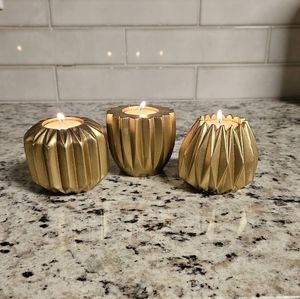 3 piece cement set of gold geometric candle holder